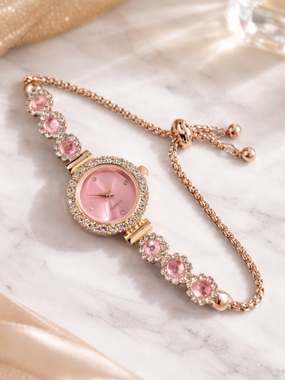 Rose Gold Pink Crystal Bracelet Watch Elegant Adjustable Jewelry